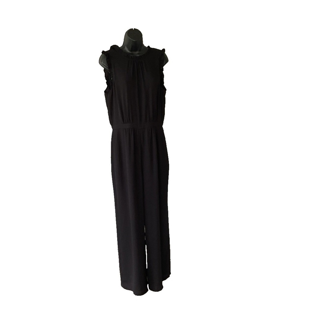J Crew Sleeveless Ruffle Jumpsuit Flowy Dressy Crepe Size 10 Black Wide Leg